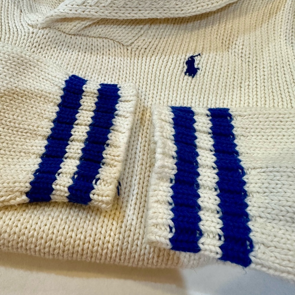 Boys Polo Ralph Lauren Shawl Collar Sweater Ecru Royal Blue Size L (14-16)